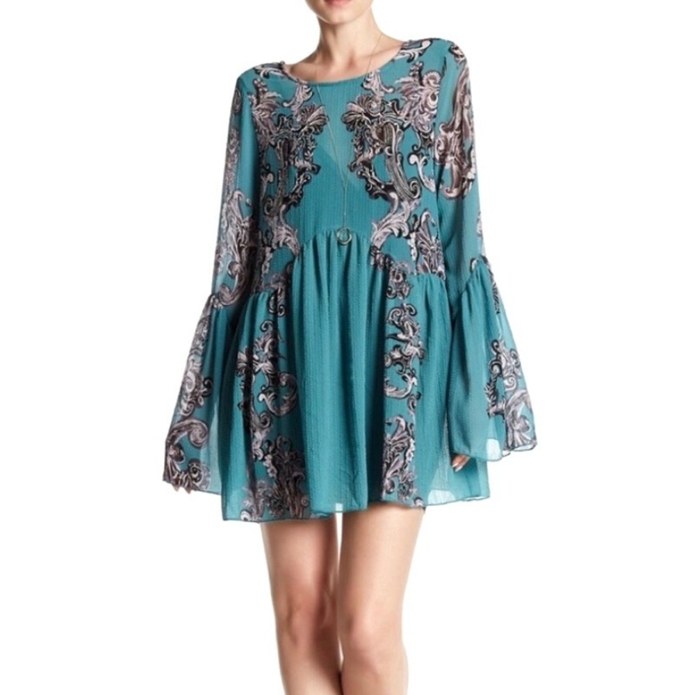 Free People Symphony Printed Bell Sleeve Slip Dress